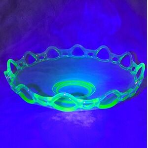 Vintage Lancaster Green Uranium Glass Arches Open Lace Bowl 11.5" Nice Glow